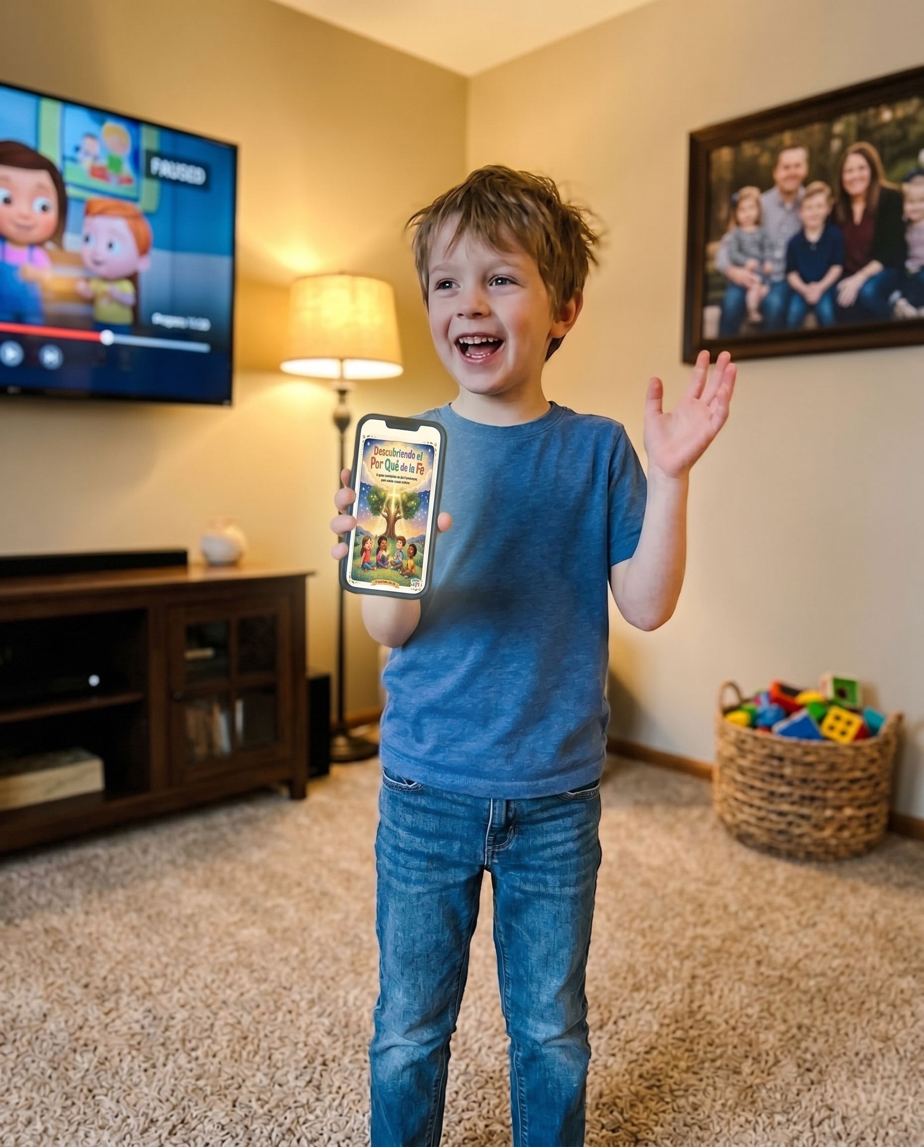Niño sonriente sosteniendo un celular con la portada del libro